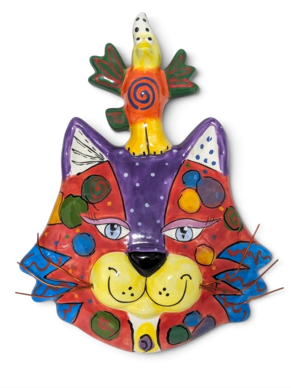 Bella Casa Ganz Colorful Cat Bird Wall Art Decor Hand Painted Dottie Dracos